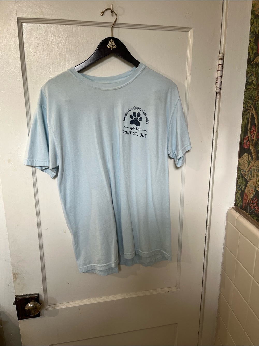 Comfort Colors Port St. Joe FL Dog Paw Graphic Tee Blue Size Large